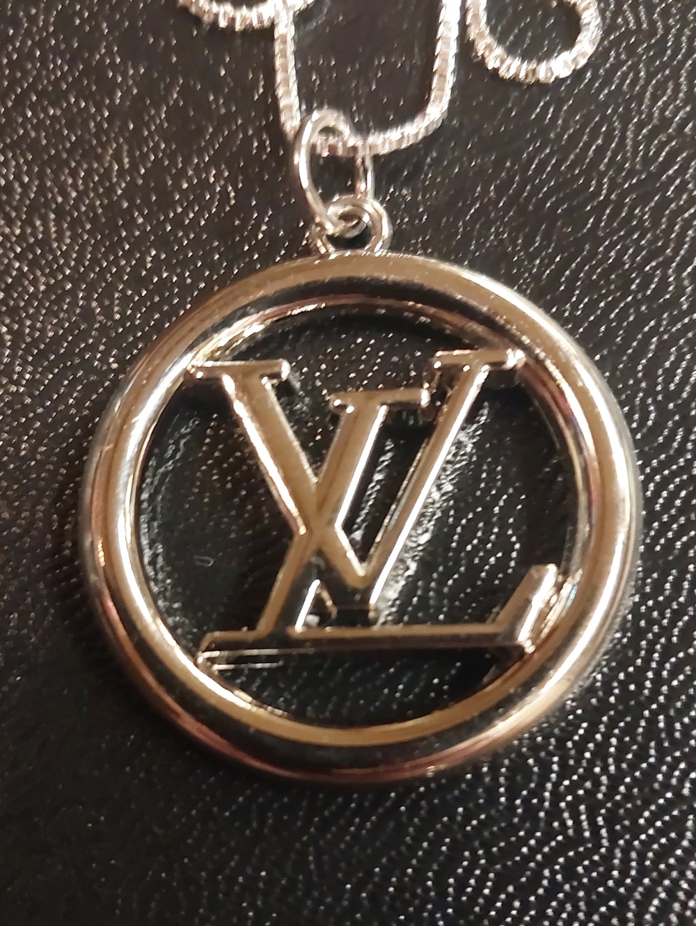 LV Silver-Tone Logo Round Charm Pendant Necklace 925 SS
